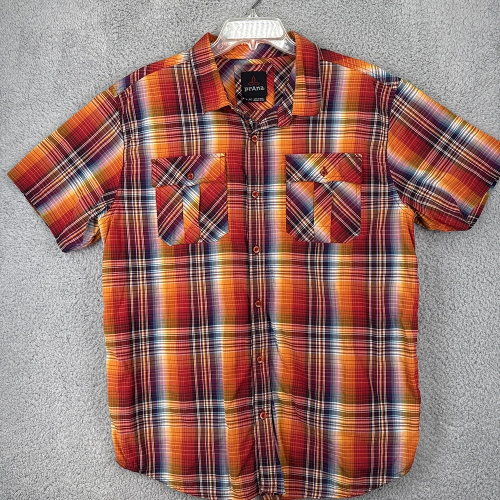 prAna Shirt Mens XL S/S Button Up Pocket Fireball Orange Plaid Organic Cotton
